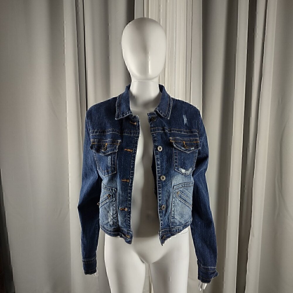 Baby Phat Womens Dark Blue Wash Distressed Customized Cotton Denim Jacket Size L